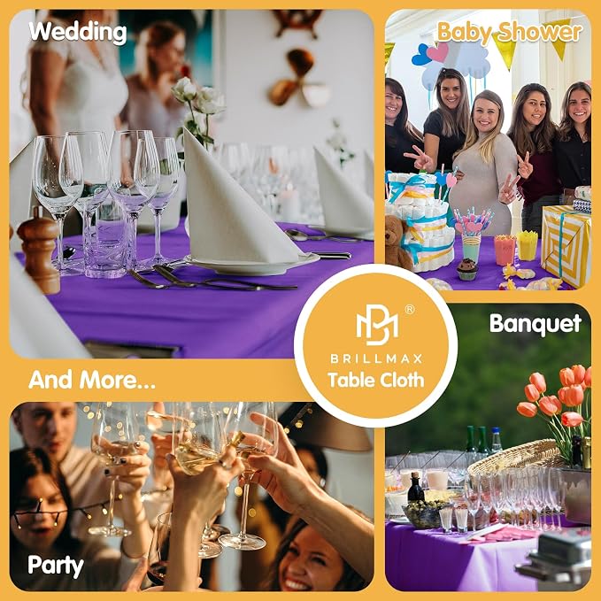 BRILLMAX 6 Pack Purple Tablecloths 90x156 Inch for 8ft Rectangle Tables | 150 GSM Polyester Fabric, Floor Length Drop, Water, Stain & Wrinkle Resistant Cloth Cover for Wedding Reception Banquet Party - Image 9