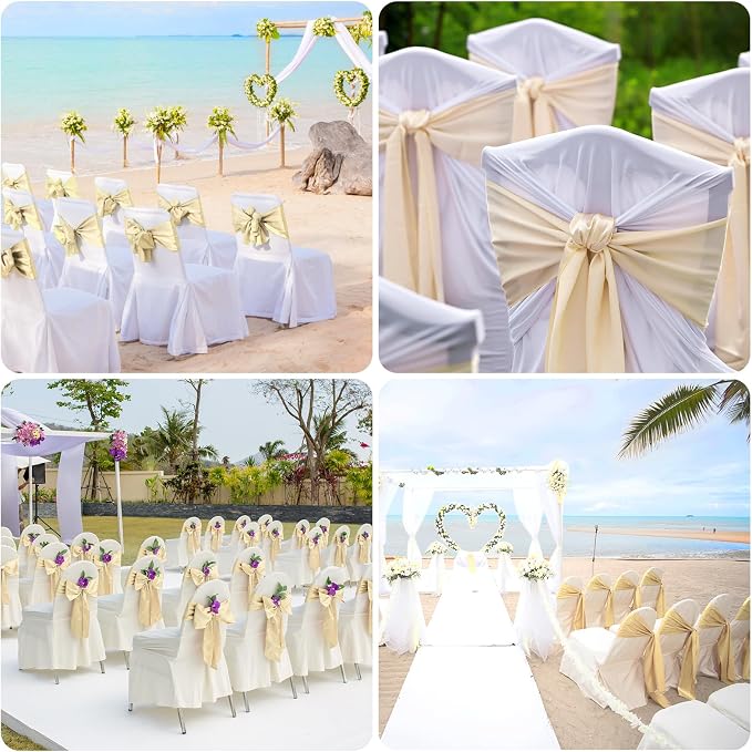50 PCS Satin Chair Sashes Bows Universal Chair Ribbon Ties Back Sash for Wedding Party Reception Events Banquets Hotel Event Chair Cover Decoration (Champagne 7x108 inch) - Image 7