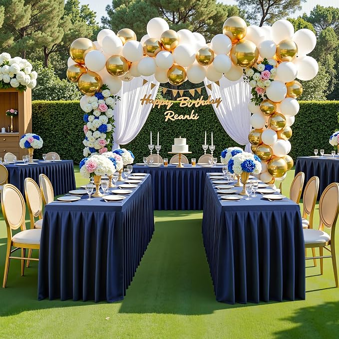 gogoparti Table Skirts for Rectangle Tables 6ft, 6 Pack Navy Blue Table Covers for 6 Foot Tables Wrinkle Free Stretch Table Cloths with Pleated Skirt Fabric for Banquet, Party, Wedding - Image 7