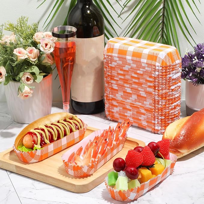Yinkin 300 Pcs Paper Hot Dog Trays Food Trays 6 Inch,Orange,Checkered | Checkered Boats for Concession Stands Disposable Hot Dog Holder Halloween Christmas Party Carnival Supplies Serving Holders - Image 7