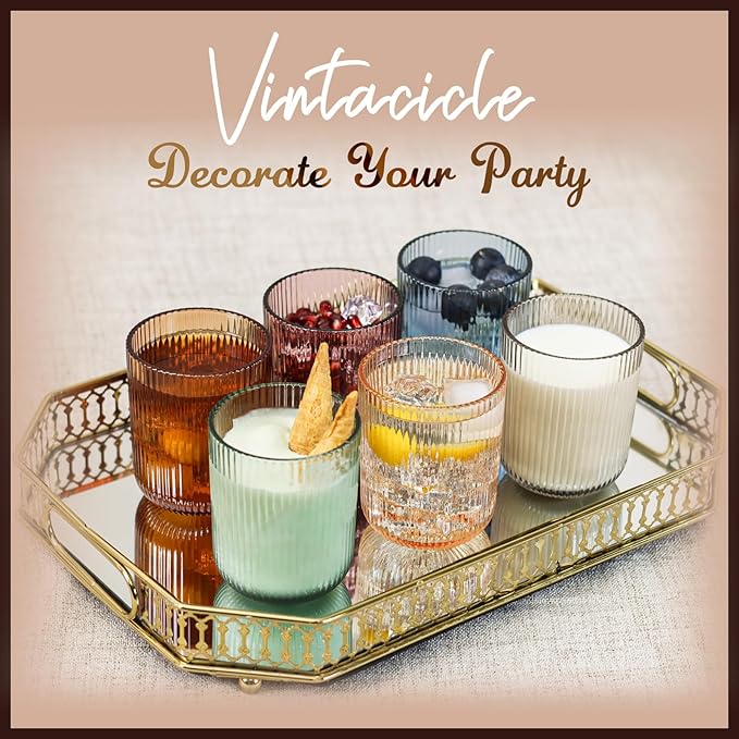 Drinking Glasses, Colored Highball Glasses Set of 6, Ribbed Glassware Glass Cups, Water Glasses for Juice, Iced Coffee Cups, Cocktail Glasses - Christmas Gifts - 8.5 oz