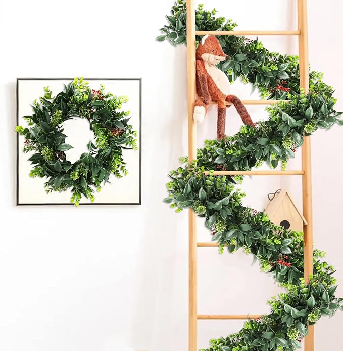 ECOOPTS 17 Pack 20" Artificial Flowers Greenery Garland Hanging Floral Vines Hanging Plants Faux Eucalyptus Leaves Vines for Wedding Arch Wall Table Party Outdoor Festival Decor (Dark Green Red) - Image 7