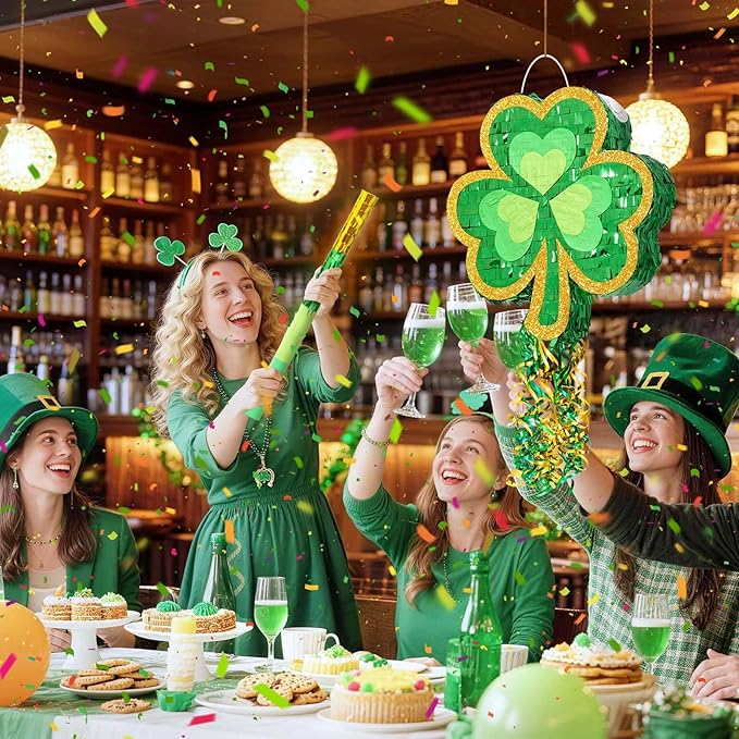 WERNNSAI St Patricks Day Pinata - St Patricks Day Party Game Green Shamrock Decorations for Festival Celebrations Supply Summer Lucky Charm Decor with Bat Blindfold