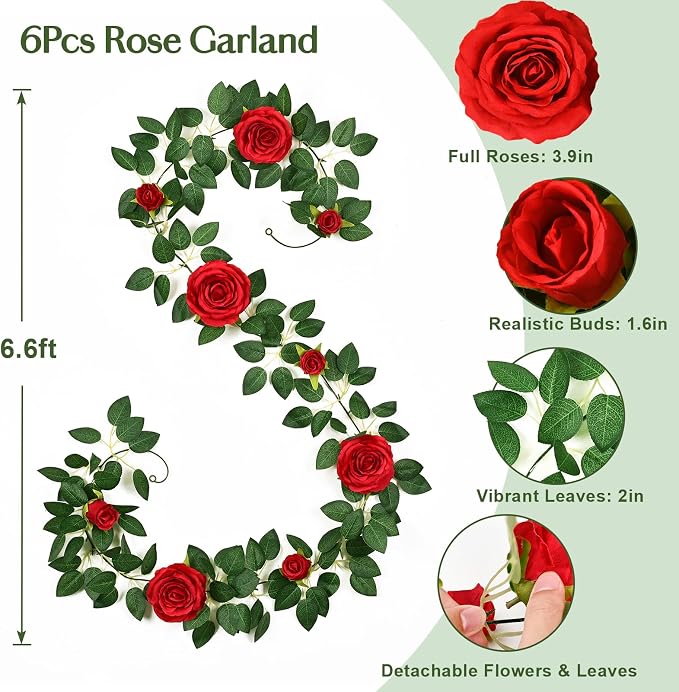 6Pcs Flower Garland with Lights, 39.6Ft Realistic Rose Floral Garland, Red | Full Fake Flowers Vines, Vibrant Silk Long Rose Garland for Wedding Party Table Runner Backdrop Home Outdoor Decor - Image 9