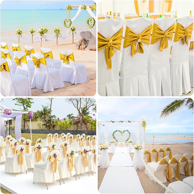 50 PCS Gold Satin Chair Sashes Bows Universal Chair Ribbon Ties Back Sash for Wedding Party Reception Events Banquets Hotel Event Chair Cover Decoration (7x108 inch) - Image 7