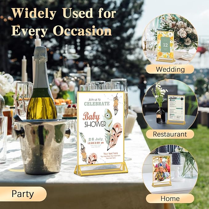 Dynta Acrylic Sign Holder 5x7in Double-Sided Display Stand with Gold Frame Clear Table Sign Holders for Wedding Party Restaurants Home Office(8 Pack) - Image 7