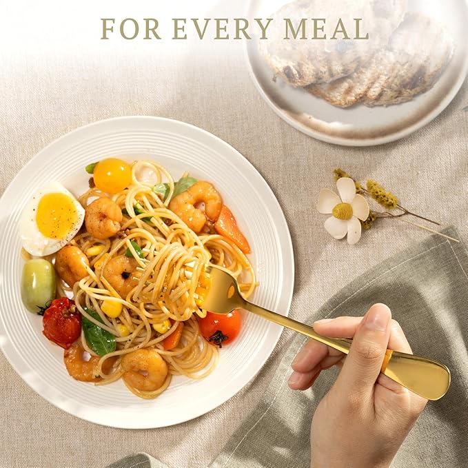 Astercook 24-Piece Silverware Set with Steak Knives Gold Flatware Set for 4 Food-Grade Stainless Steel Cutlery Set Mirror Polished Utensils Set Include Spoons and Forks for Home Kitchen Restaurant