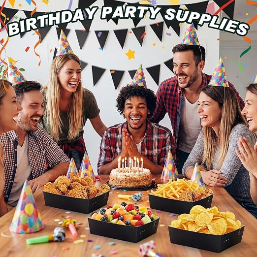 Uiifan 50 Pcs 5 lb Extra Large Paper Food Trays Disposable Food Boat Nacho Plate Serving Snack Trays Grease Resistant Self-assembly for Back to School Party Birthday Wedding Supply (Black) - Image 7
