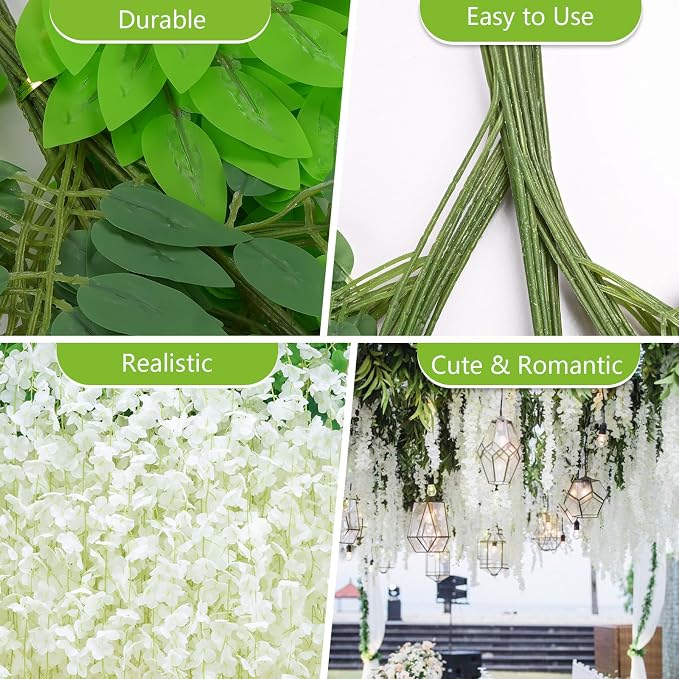 48Pcs Wisteria Hanging Flowers, White Artificial Flowers | 3.6Ft/Pcs Fake Wisteria Garland for Wedding Party Home Garden Indoor Outdoor Decoration - Image 9