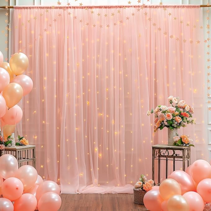 10ft x 8ft Peach Backdrop Curtain with Lights String for Parties, Sheer Tulle Wedding Photo Backdrops Drapes for Baby Shower Birthday Party Decorations Background for Photography - Image 8