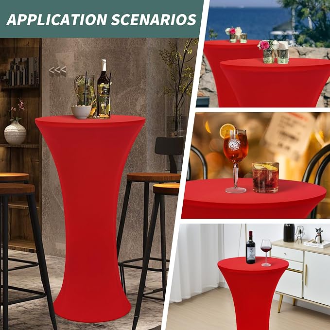 Wolkemer 4PCS 24x43 Inch Fitted Cocktail Tablecloth, Cocktail Table Cover | Red Round Cocktail Table Cloth, Highboy Stretch Spandex Table Cover for Bar Party Pub Wedding Banquet Indoor Outdoor - Image 6