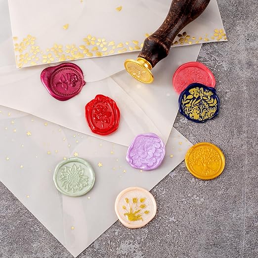 9pcs Wax Seal Stamp Kit, Brass Sealing Wax Stamps Head & Wooden Handle for Wedding Invitations Cards Envelopes(Tree of Life+Tulip+Vintage Rose+Love Rose+Daisy+Butterfly+Sakura+Leaves)