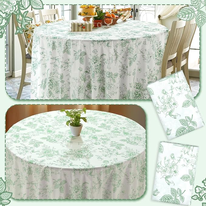 Ganeen 12 Pcs Sage Green Floral Plastic Tablecloth 84 in Spring Round Vintage Flower Tea Party Tablecloth Disposable Green and White Table Covers for Tea Party Birthday Wedding Baby Shower Decoration - Image 7