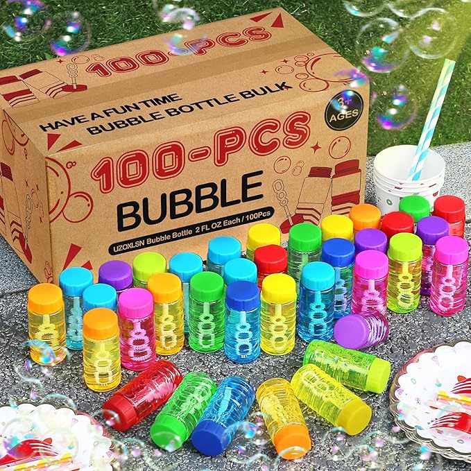 100 Pack 10 Neon Colors Bubble Bottles with Wand Attached to the Cap, Summer Bubble Solution Bulk Toy, Birthday Decor Gift Box, Party Favor Supplies for Kid, Carnival, Goody Bag Stuffer, Pinata Filler