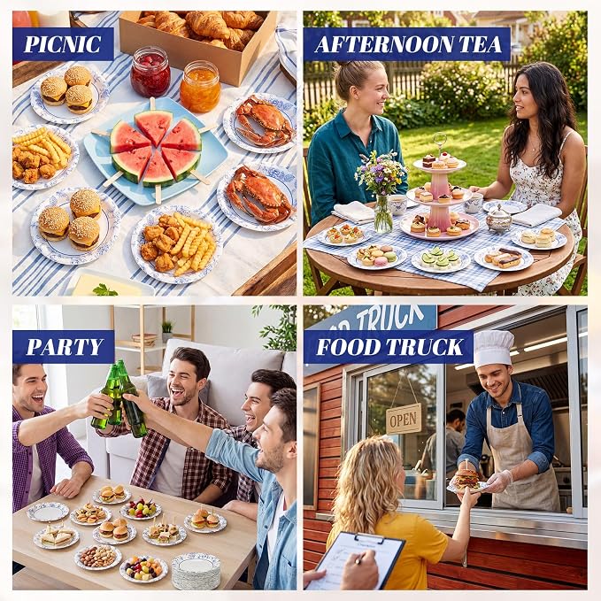 FillTouch 400 Pack 7 Inch Disposable Paper Plates for Everyday Use Soak Proof Heavy Duty Small Paper Plates for Dinner Picnic, Cut Proof Plate for Holiday Party Family Gatherings (Blue Flower) - Image 7