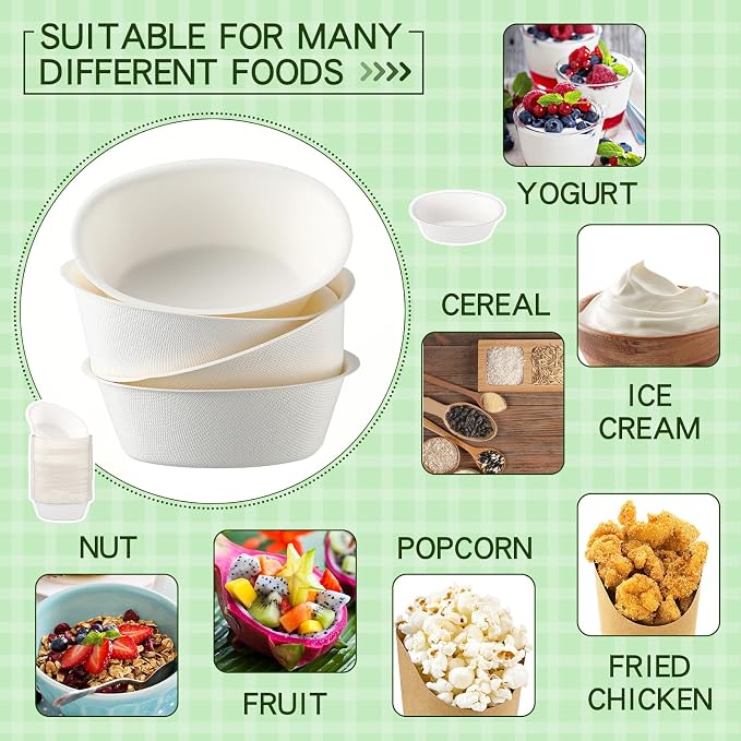 Dandat 6 oz Disposable Paper Bowls Bulk Small Bagasse Dessert Bowls for Ice Cream Soup Salad Pasta Party Supplies Picnic Banquet Barbecues Pet Food(White,250 Pcs) - Image 6