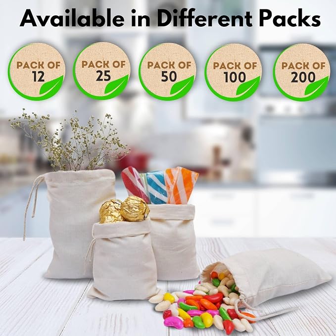 10x16 in 100 pcs Organic Cotton Muslin Bags with Drawstring – 100% Natural Cotton Bags, Washable, Biodegradable, Food Safe - Ideal for Shopping, Storage, Spices, Crafts - Image 7