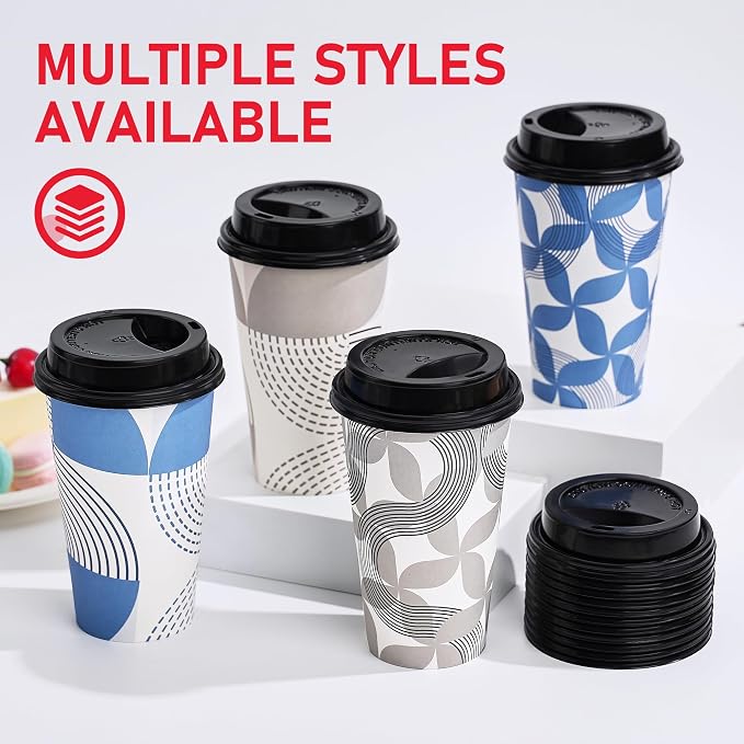 16 oz Disposable Paper Coffee Cups with Lids 100 Pack | Gray Circle Patterned Hot Coffee Cups, Leak Proof Thick Disposable Cups for Party, Home, Office - Image 8