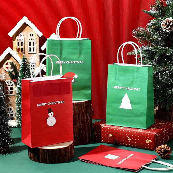 Tenceur 48 Pcs Christmas Gift Bags Bulk Christmas Party Treat Bags | Xmas Kraft Paper Red & Green Gift Pouch with Handles Xmas Themed Parties Birthday Wedding Bridal Shower Party Favors - Image 7
