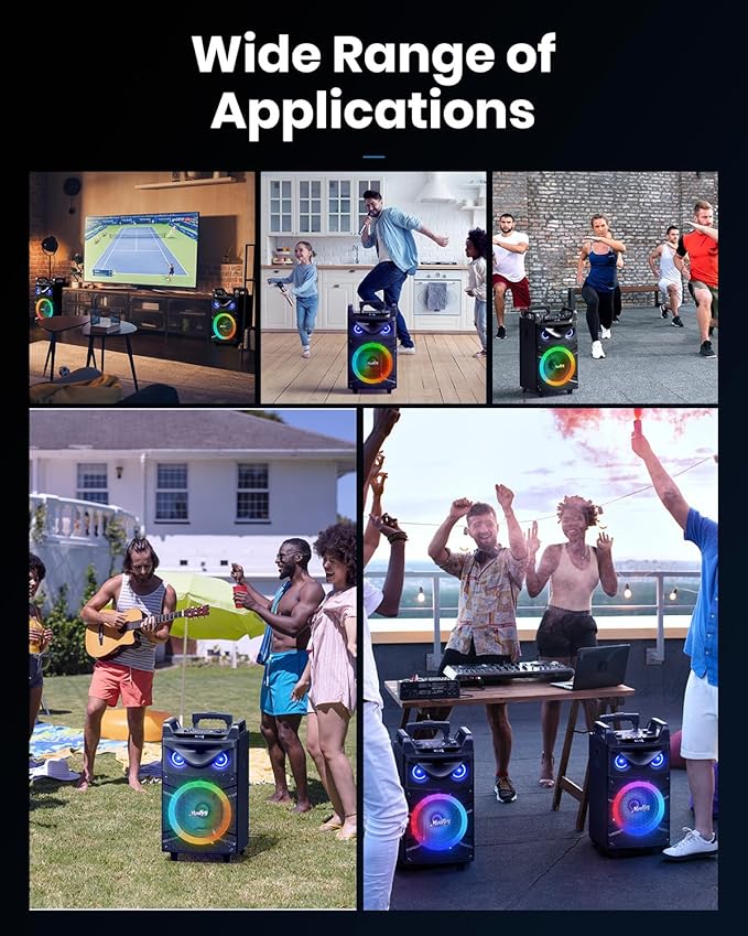 Moukey Karaoke Machine, 12" Woofer PA System, Portable Bluetooth Speaker with 2 Wireless Microphones, Party Lights and Echo/Treble/Bass Adjustment, Supports TWS/REC/AUX IN/MP3/USB/TF/FM - MTs12-1