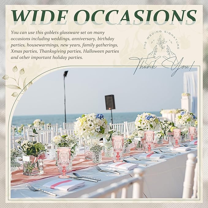 24 Pcs Plastic Goblets 7.5oz Vintage Goblet Plastic Wine Glasses Colored Retro Embossed Water Goblets for Wine Bar Juice Baby Shower Wedding Reception Grand Event Party (Pink)