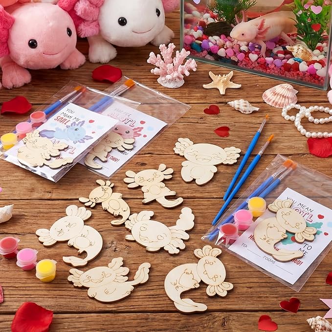 Leinuosen 28 Sets Valentine's Day Axolotl Party Favors Wood Painting Craft Kits with DIY Art Supplies and Cards for Birthday Party Goodie Bag Fillers Prizes Exchange