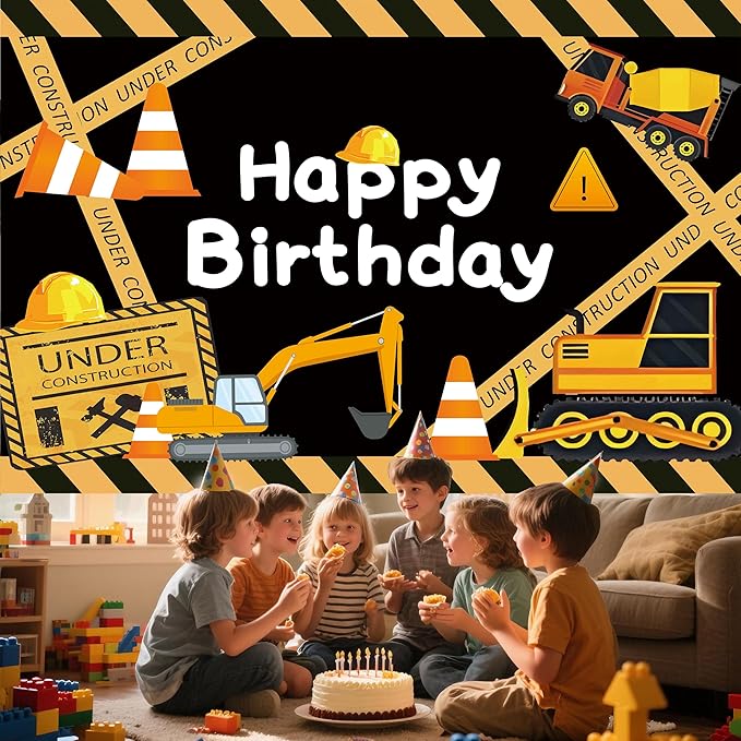 Cute Construction Birthday Party Backdrop Under Construction Happy Birthday Banner Excavator Bulldozer Cement Mixer Photography Background for Boys Party Decorations Supplies 70.8 x 47.2 Inch