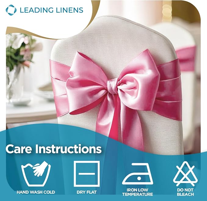 Leading Linens 50 pcs Pink 108"x8" Satin Bow Sash Chair Cover Decoration | Elegant satin chair bow sashes, perfect for weddings, receptions, banquets, & parties. Reusable & washable. - Image 6