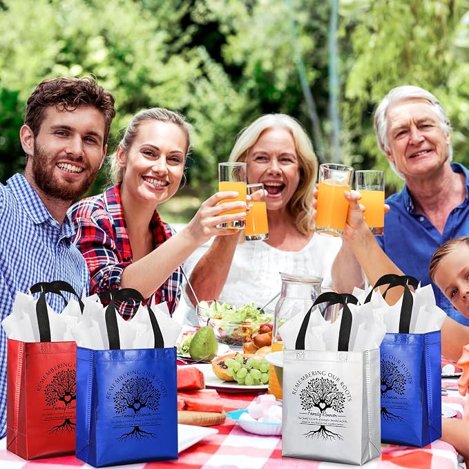 Kolldenn 24 Sets Family Reunion Favor Gift Bags with Handle,Red, White,Blue | 8x4x10 in, Family Reunion Gift Bags Bulk, Tissue Paper, Remember Our Roots, Non-woven Tote Bag for Guest Gathering Party Gift - Image 7