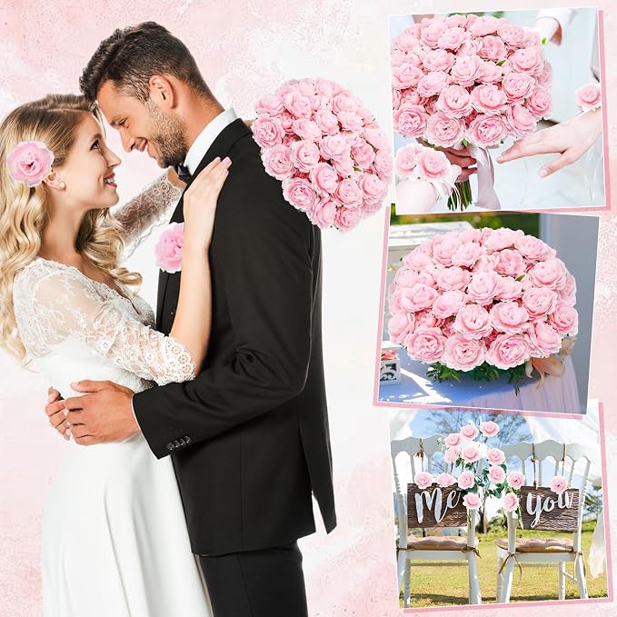 Thiccywoov 200 Pcs Silk Rose Heads Artificial Fake Flowers, Pink | 3.2 Inch Faux Rose Heads with Stems, Bulk Silk Flower for Wedding Bridal Bouquet, DIY Crafts, Party Centerpieces Decor - Image 7
