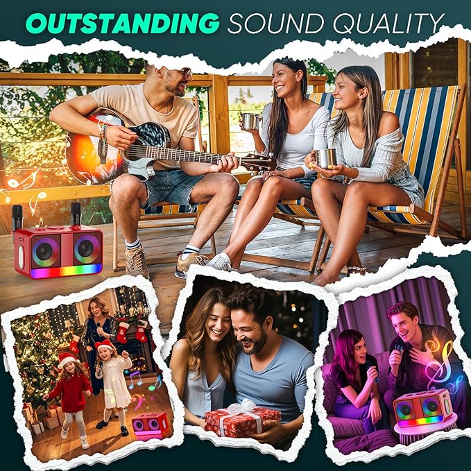 Karaoke Machine, Real 35W Portable Speaker,8H Long Time, 2 Rechargeable Wireless Microphones,LED,Karaoke Machine for Adults & Kids,BT/FM/USB/TF/AUX,for Home Party/Outdoors(CHJ171-Red)