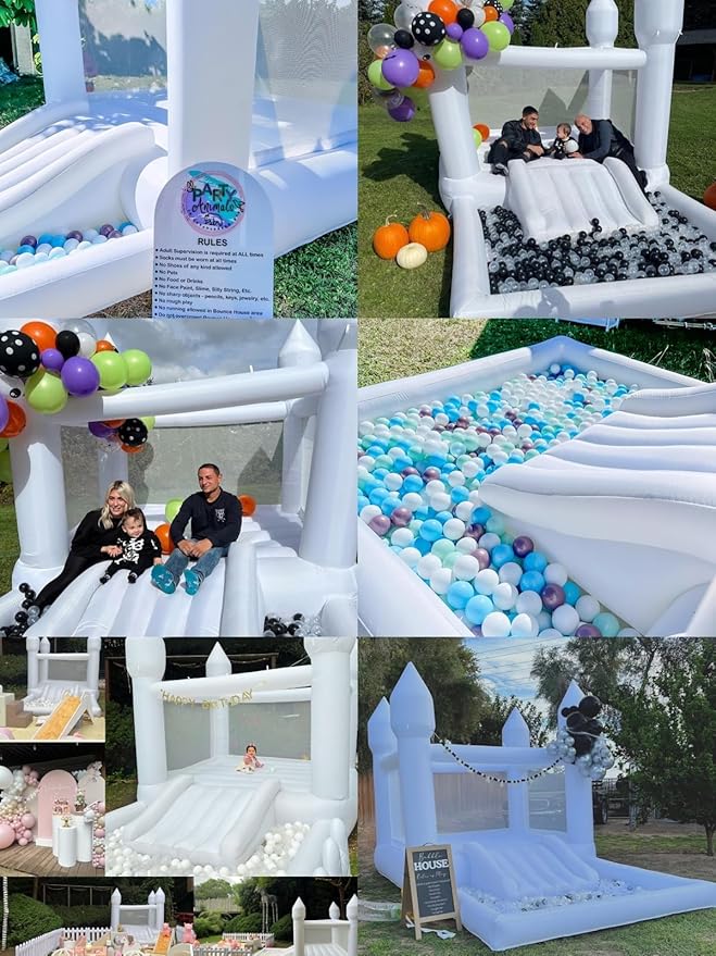 Inflatable White Bounce House for Kids with UL Blower-Portable, Large Ball Pool and Jump Space 3in1 Bouncy Castles A Spacious Joy-Room Bounce House for Kids 3-12 (Oxford material-13' L X 8' W X 8' H)