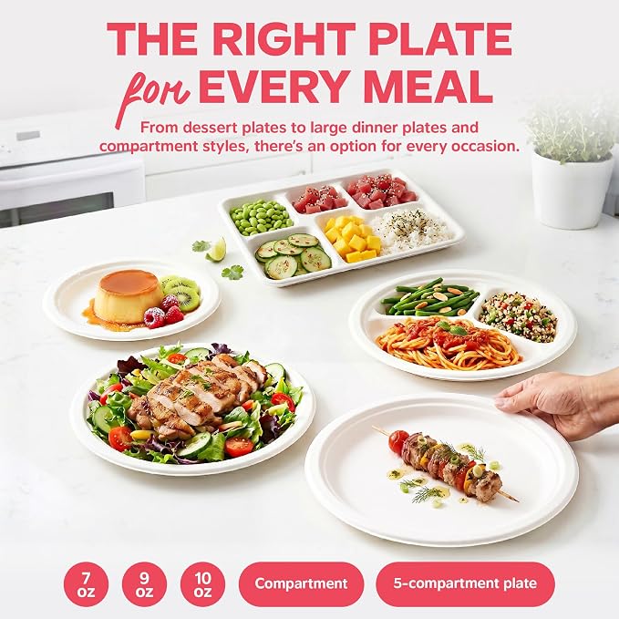 GUSTO 100% Compostable Sugarcane Paper Plates, Heavy Duty, Eco-Friendly, Biodegradable - White, 10 Inch, 5 Compartment, 500 Count - Image 8