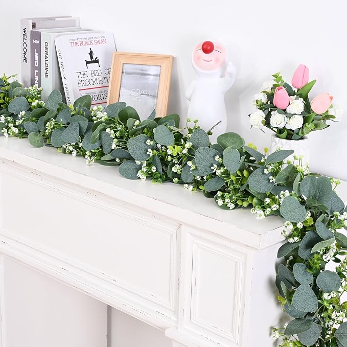Waipfaru 8Pcs Eucalyptus Garland, 5.9FT Greenery Garland, Green Garland with Flowers, Artificial Faux Silver Dollar Eucalyptus Leaves Vines for Table Home Wedding Mantle Party Indoor Outdoor Decor - Image 7