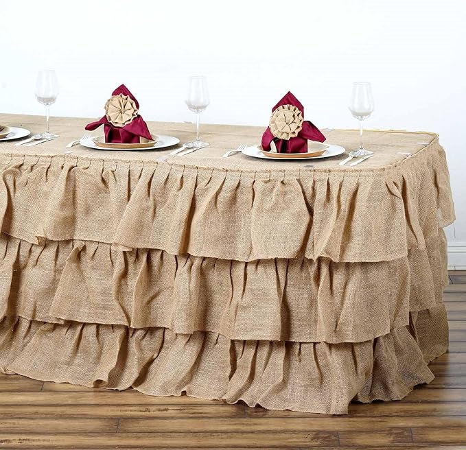 Efavormart 3 Tier Rustic Elegant Ruffled Burlap Table Skirt for Kitchen Dining Catering Wedding Party Decorations Events - 14 Ft - Image 8