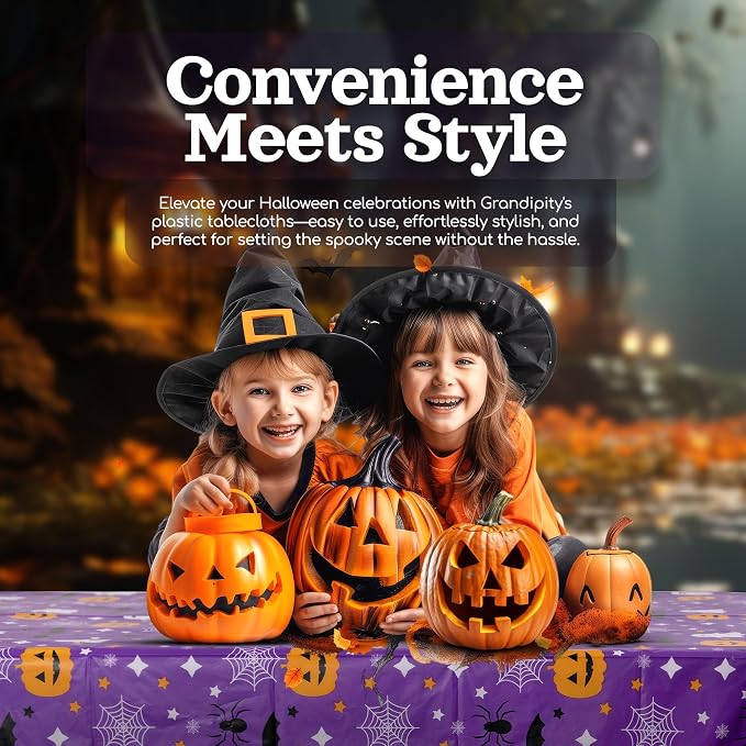 Grandipity Halloween Tablecloth Rectangle (3 Pk) Pumpkin Tablecloth (54in x 108in) Purple Plastic Disposable Tablecloths - Image 6