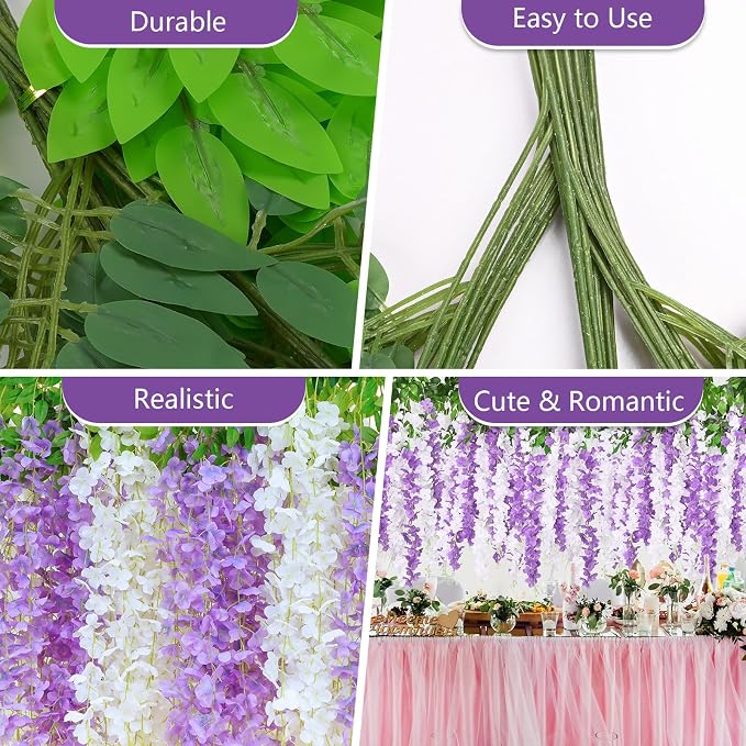 24Pcs Wisteria Hanging Flowers, White & Purple Artificial Flowers | 3.6Ft/Pcs Fake Wisteria Garland for Wedding Party Home Garden Indoor Outdoor Decoration - Image 7