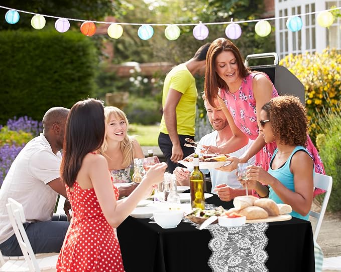 Oudain 6 Pcs Plastic Tablecloth Disposable Rectangular Tablecloth 54 x 108 Inch Tea Party Table Cover Lace Table Runner for Wedding Birthday Baby Shower Anniversary Decoration (Black) - Image 6