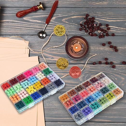 Wax Seal Stamp Kit with Gift Box,48 Color 1200 Pcs Sealing Wax Beads with 2 Pcs Seal Stamp,Warmer,Spoon,Metallic Pen and 10Pcs Tea Candles for Wedding Invitations Wrapping Christmas Letters