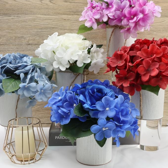 Royal Blue Flower Table Centerpieces, Set of 6, Rose & Hydrangea | Floral Arrangement Artificial Wedding Floral Arrangement with Rustic Metal Vase for Bridal Tea Party Event Decorations - Image 8