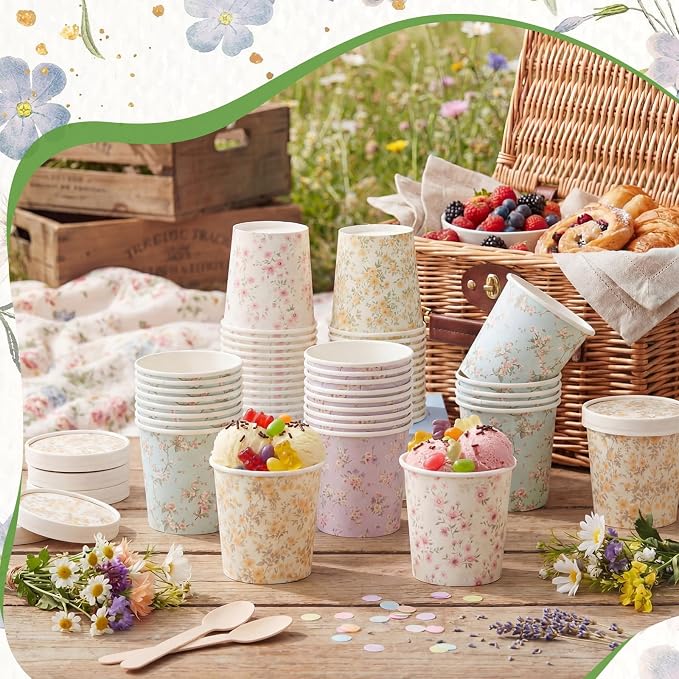 Roshtia 60 Pack Floral Themed Ice Cream Cups, 16 oz Disposable Soup Cups Microwave Safe for Floral Themed Birthday Party Women Bridal Wedding Tea Party Baby Shower, Hot or Cold Food - Image 7