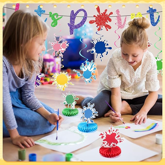 22 Pcs Paint Splatter Party Decorations 3 Art Honeycomb Centerpiece 1 Let's Paint Banner 18 Colorful Hanging Swirls for Art Theme Birthday Baby Shower Decorations Supplies