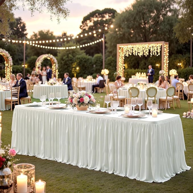 204inch Ivory Polyester Table Skirt for Rectangle Tables 6ft(Full Cover)-Wrinkle Free Pleats Ruffle Cream Cloth Table Skirts 17ft for Wedding Party Baby Shower Cake Dessert Teacher Desk Skirt - Image 9