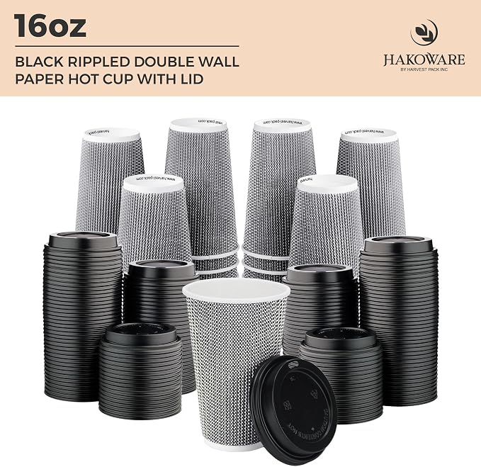 16 oz Disposable Paper Coffee Cups with Lids Insulated Double-Walled Togo | 340 SET,Coffee Bar Accessories,Corrugated Ripple to go Coffee Cups,Black,Geometric,Chocolate,Hot Drinks,Cafe,Party,Hakoware - Image 7