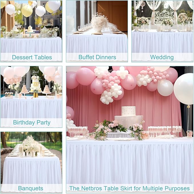 White Tablecloth for 6 Foot Rectangle Tables with Ruffle Tulle Table Skirt | Stretch Spandex Fitted Table Cover,One-Piece Design,Non-slip Elastic Wedding Table Cloths for Party Baby Shower Cake Display - Image 9