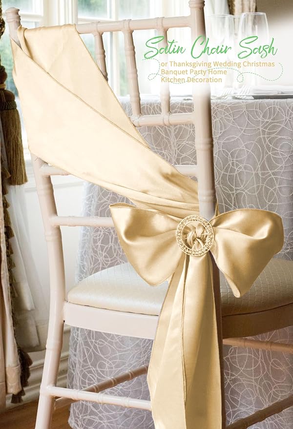 60 PCS Champagne Satin Chair Sashes, 7 x 108 Inch | Ties Bows Designed Chairs Decorative, Chair Cover Sashes for Wedding Christmas Banquet Party Home Kitchen Decoration - Image 7