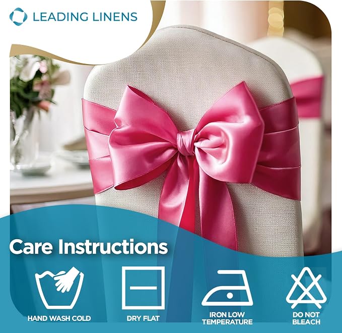 Leading Linens 50 pcs Hot Pink 108"x8" Satin Bow Sash Chair Cover Decor | Elegant satin chair bow sashes, perfect for weddings, receptions, banquets, & parties. Reusable & washable. - Image 6