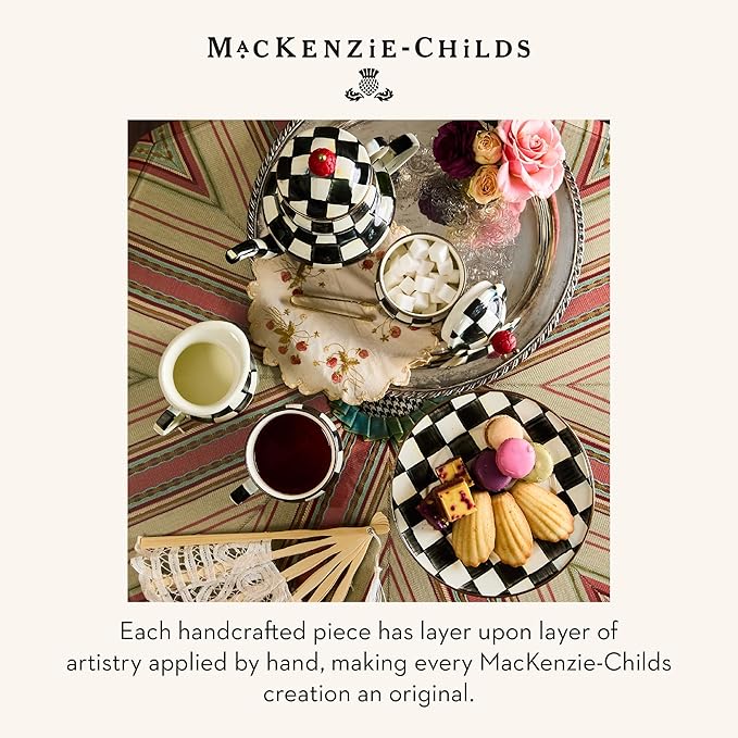 MACKENZIE-CHILDS Enamel Pedestal Serving Platter, Decorative Serving Dish for Food, Mini, Black-and-White Courtly Check