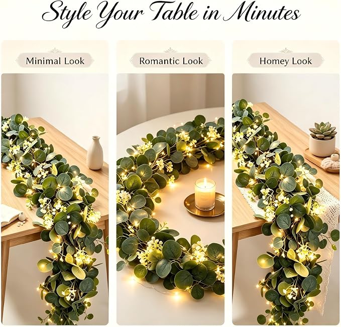 Eucalyptus Garland with Lights, 4 Packs 6FT Artificial Lighted Garland, Spring Summer Green Faux Garlands for Indoor Outdoor Home Decor Table Runner Wedding Arches Backdrops Decor - Image 6
