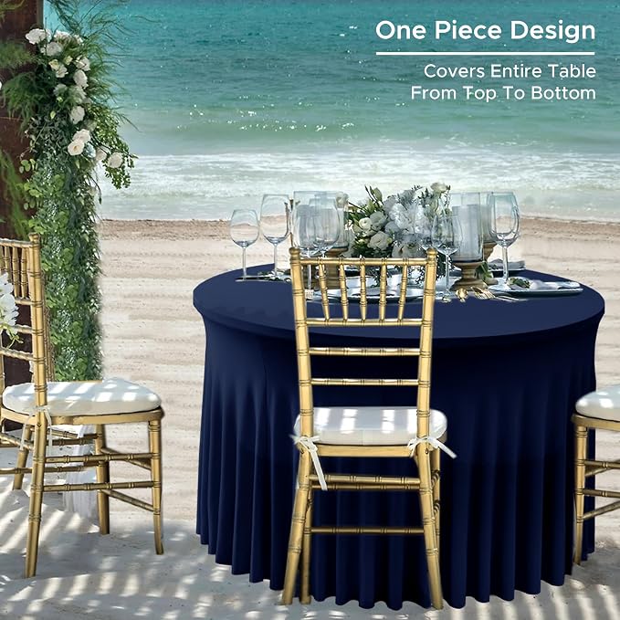 Fitted Navy Spandex Table Skirts for Wedding Party,60 Inch Round,6 Pack | Spandex Table Covers, For 5 Ft Wedding Cake Tables, Wrinkle Resistant, Ruffle Design Banquets, Baby Showers, Parties - Image 7